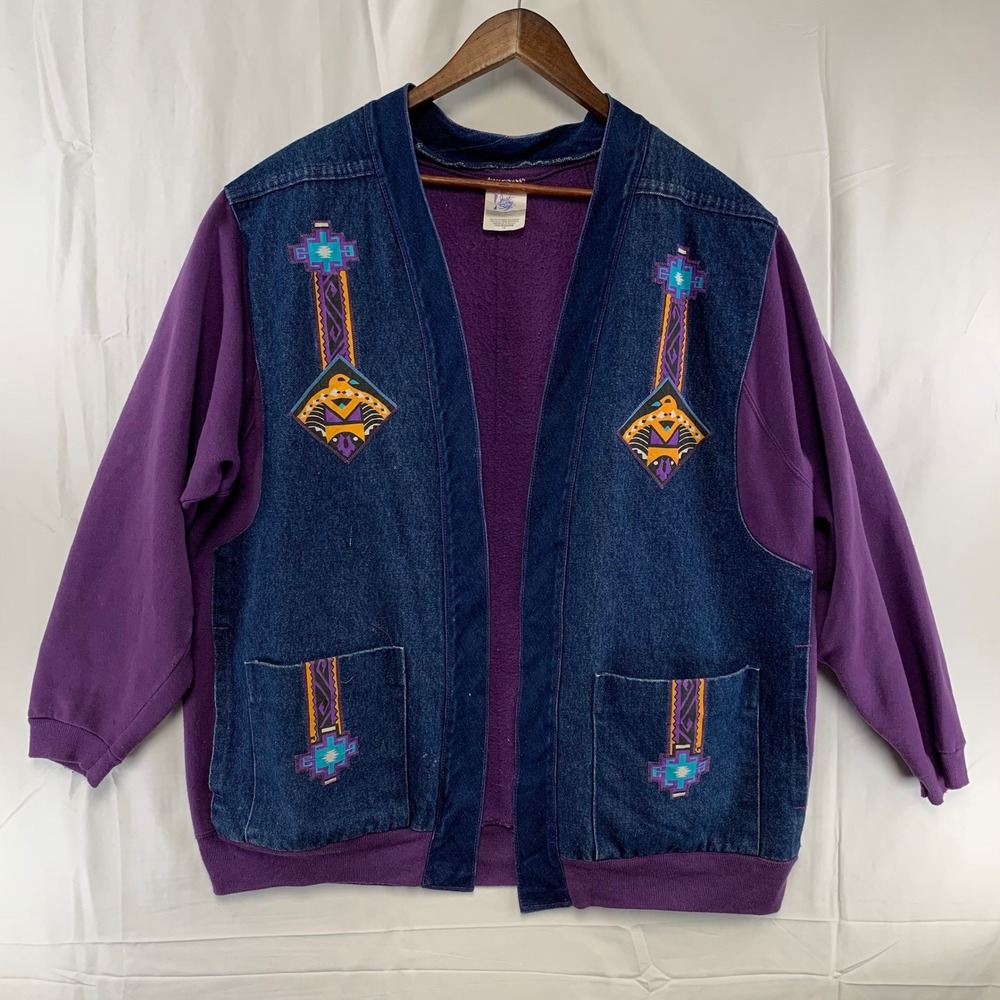 Just My Size Cardigan Women‎ 1X Purple Denim Southwestern Mixed Media Open Front